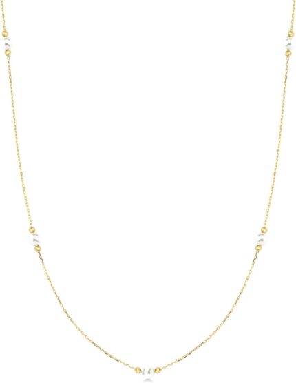 14k Real Gold Pearl Station Necklace for Women | 14k Gold Ball Beads Station Choker Necklaces | Pearl by the Yard Necklace | Dainty Layering Jewelry | Gifts for Mom, 18"