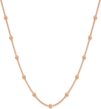 Real 14k Rose Gold Bead Station Choker Necklace for Women, 3 MM Ball Chain Jewelry Gifts for Her, 15-18 Inch